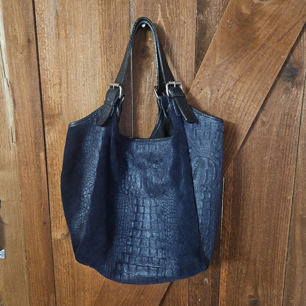 Vera Pelle Women's Navy Crocodile Leather and Suede Large Hobo Handbag